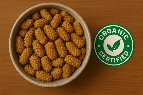 Organic certified logo placed near dried mulberries